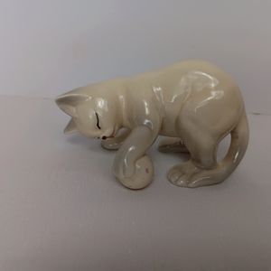 Vintage Small Ceramic Cat with Ball Figurine